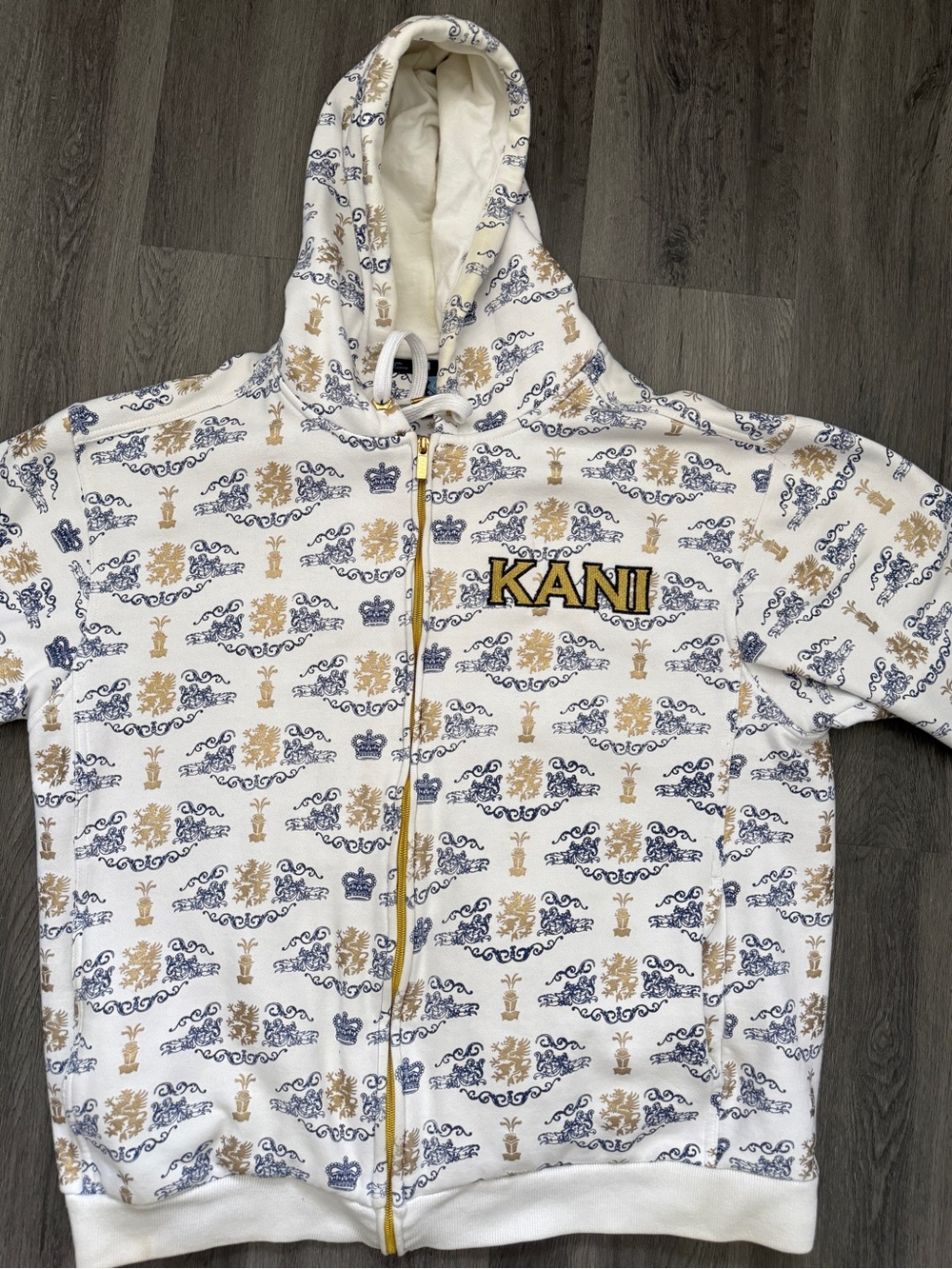 Karl Kani White Hoodie Zip-Up with Blue and Gold Print